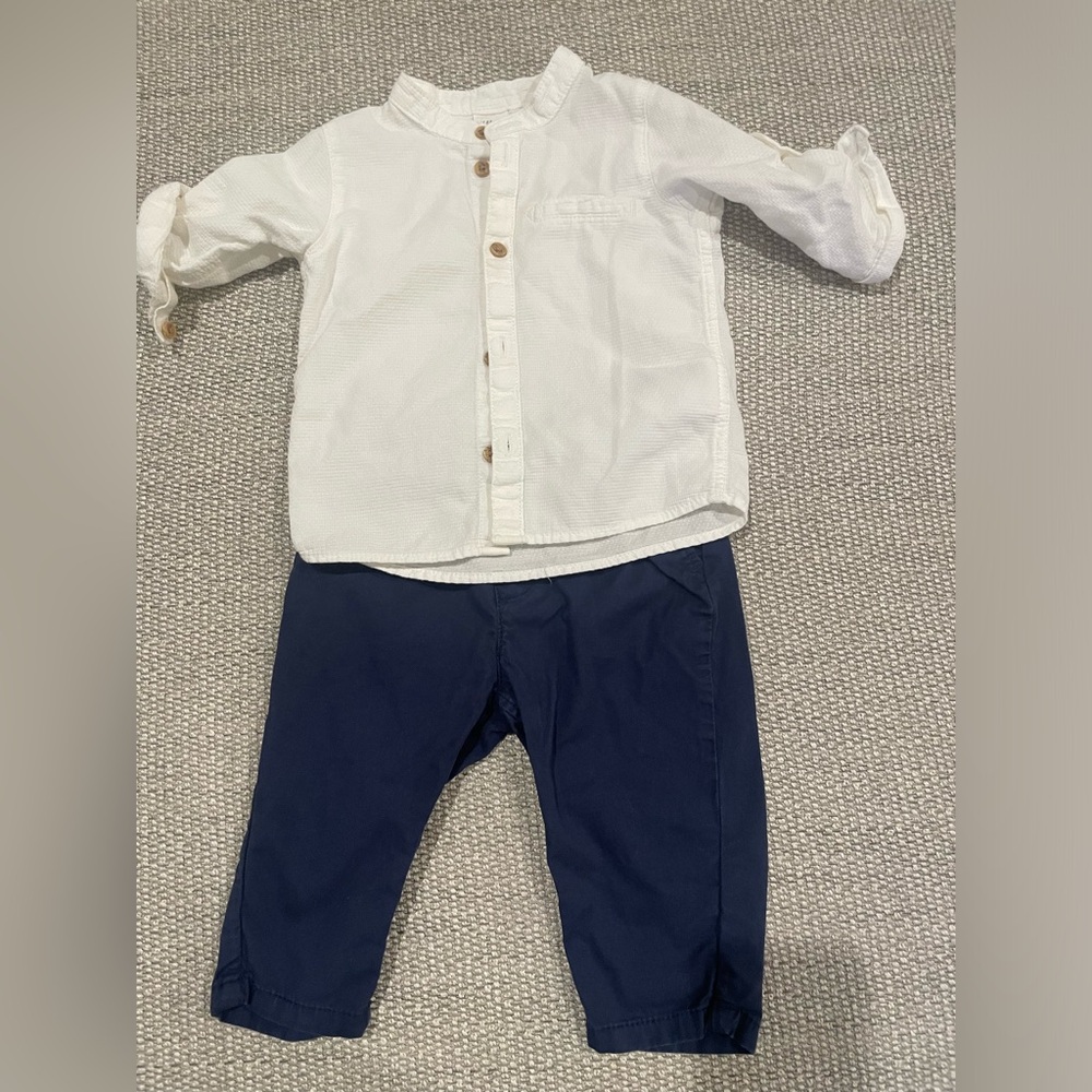 H&M baby boy button down and pants outfit. 6M